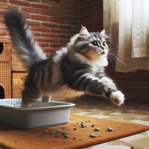 Gatto che corre via dalla lettiera